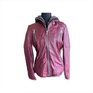 YMI Faux Leather Hooded Jacket with Faux Fur Lining